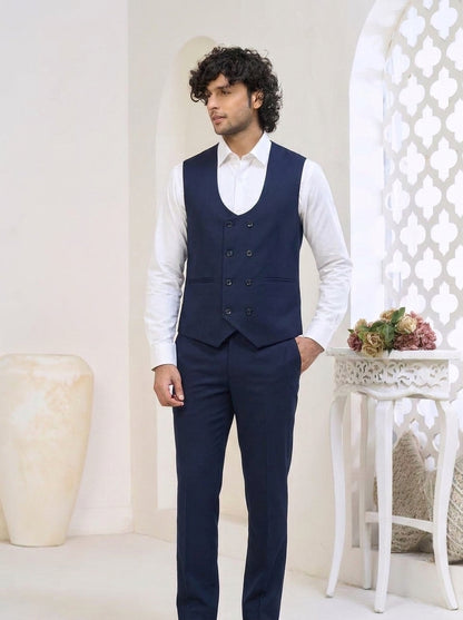 Club AK Men's Midnight Navy Classic Three-Piece Suit with Tailored Blazer, Waistcoat & Trousers