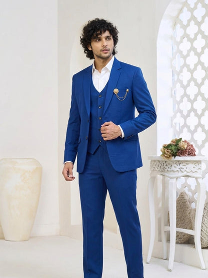Club AK Men's Sapphire Blue Tailored Three-Piece Suit with Premium Blazer, Waistcoat & Trousers