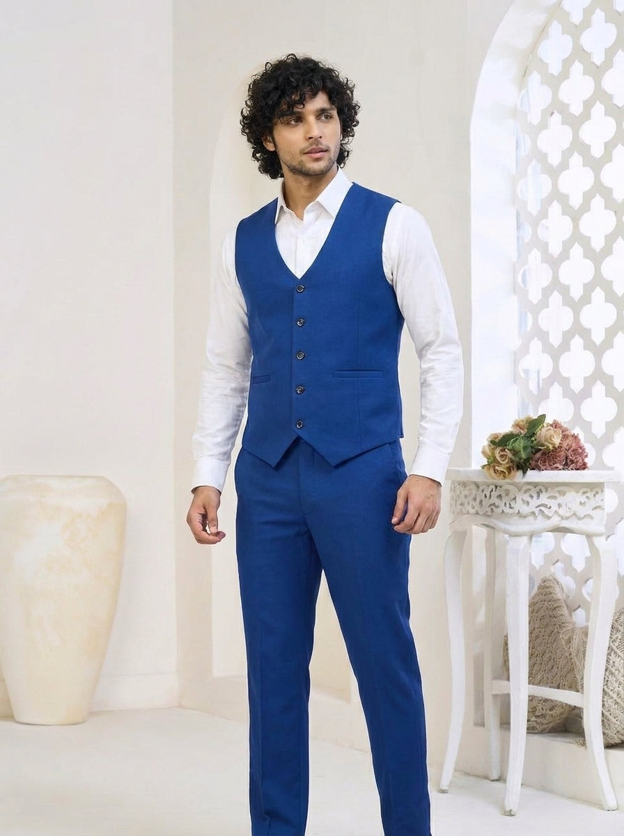 Club AK Men's Sapphire Blue Tailored Three-Piece Suit with Premium Blazer, Waistcoat & Trousers