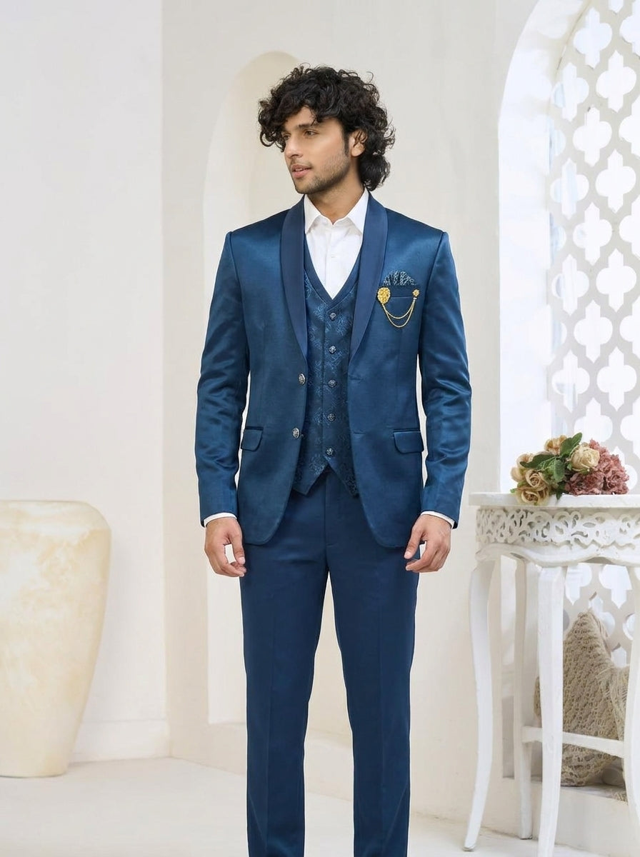 Club AK Men's Steel Blue Satin Shawl Lapel Three-Piece Suit with Textured Waistcoat, Designer Blazer & Trousers
