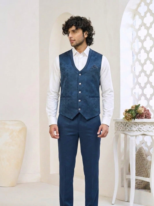 Club AK Men's Steel Blue Satin Shawl Lapel Three-Piece Suit