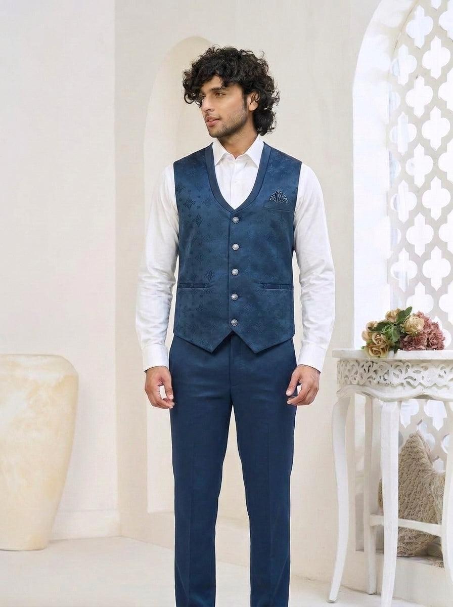 Club AK Men's Steel Blue Satin Shawl Lapel Three-Piece Suit with Textured Waistcoat, Designer Blazer & Trousers