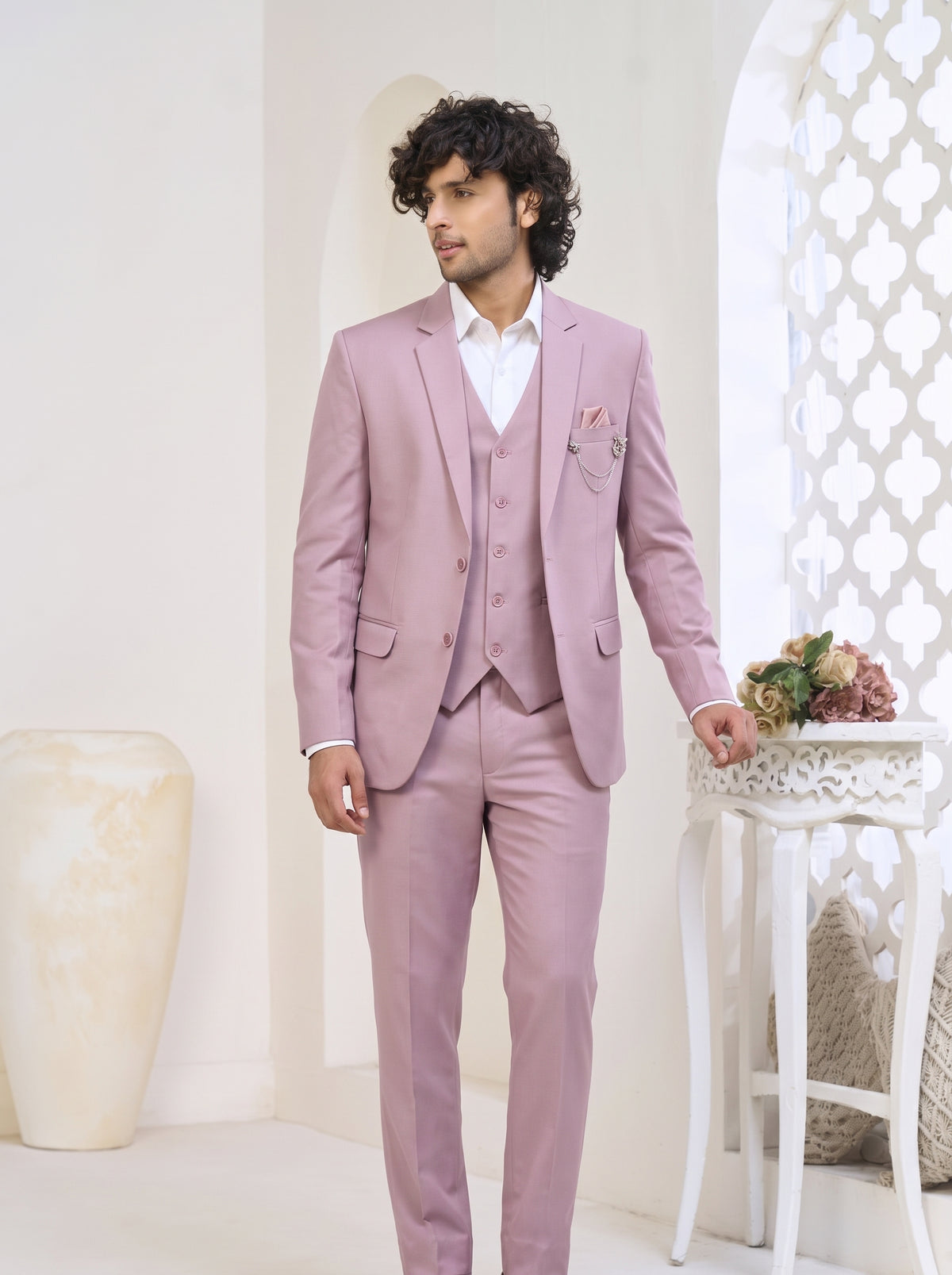 Men's director blush pink three-piece suit