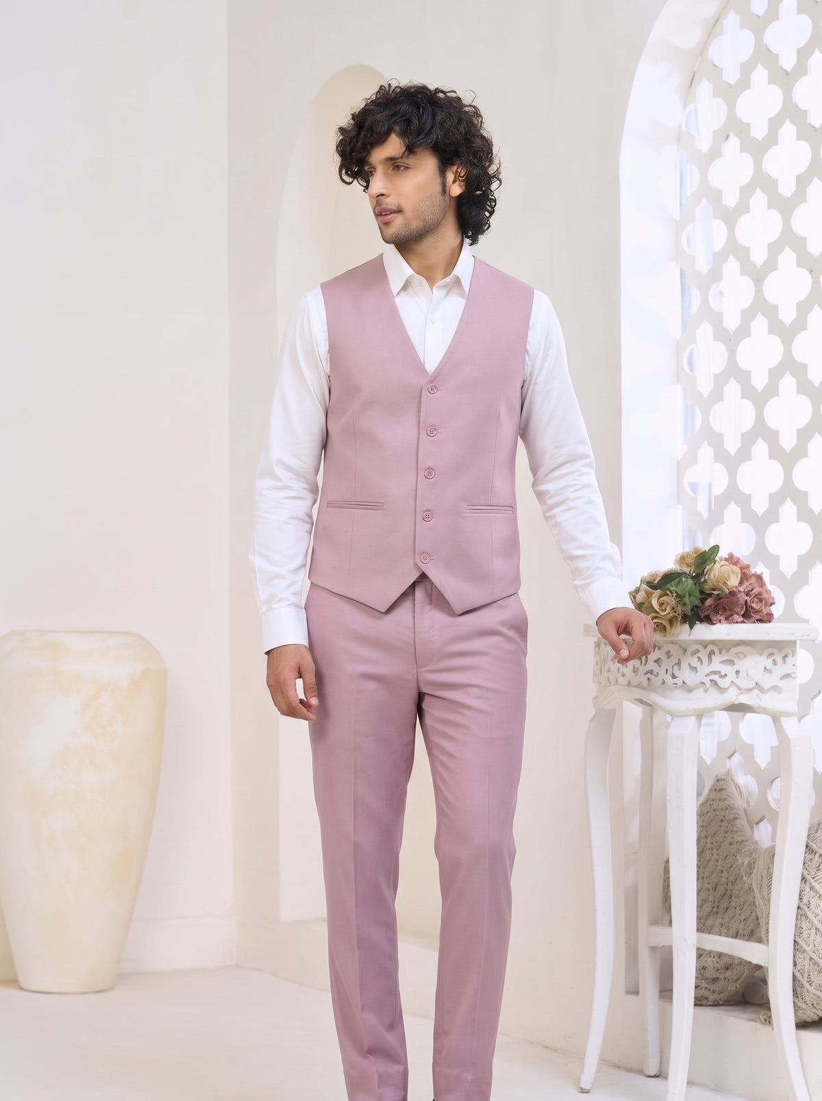 Men's director blush pink three-piece suit