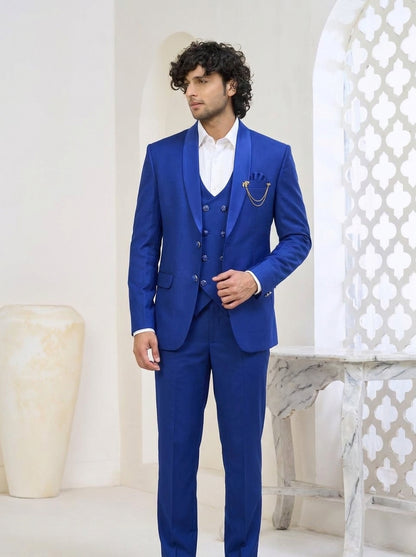Club AK Men's Electric Royal Blue Shawl Lapel Three-Piece Suit with Designer Blazer, Double-Breasted Waistcoat & Trousers