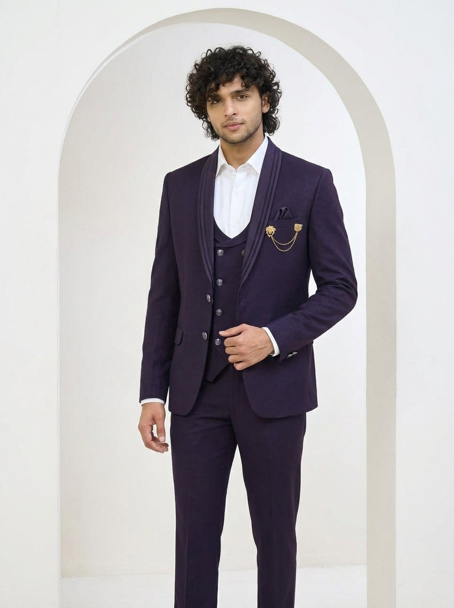 Club AK Men's Royal Eggplant Purple Shawl Lapel Three-Piece Suit with Designer Blazer, Waistcoat & Trousers