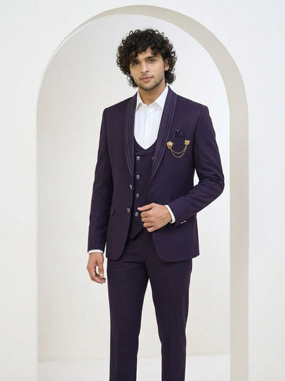 Club AK Men's Royal Eggplant Purple Shawl Lapel Three-Piece Suit with Designer Blazer, Waistcoat & Trousers