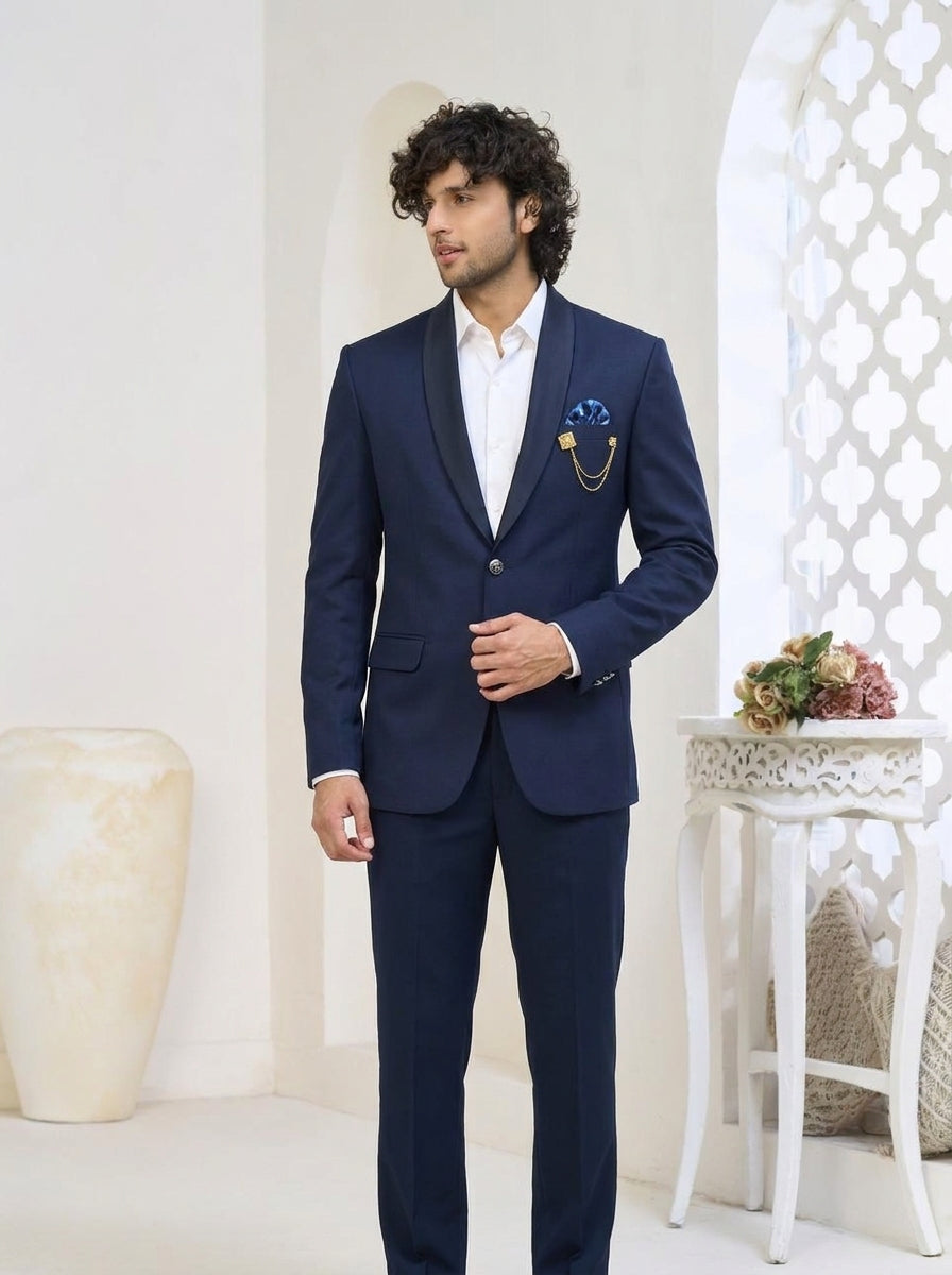 Club AK Men's Royal Navy Shawl Lapel Three-Piece Suit with Designer Blazer, Waistcoat & Trousers