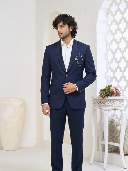 Club AK Men's Royal Navy Shawl Lapel Three-Piece Suit with Designer Blazer, Waistcoat & Trousers