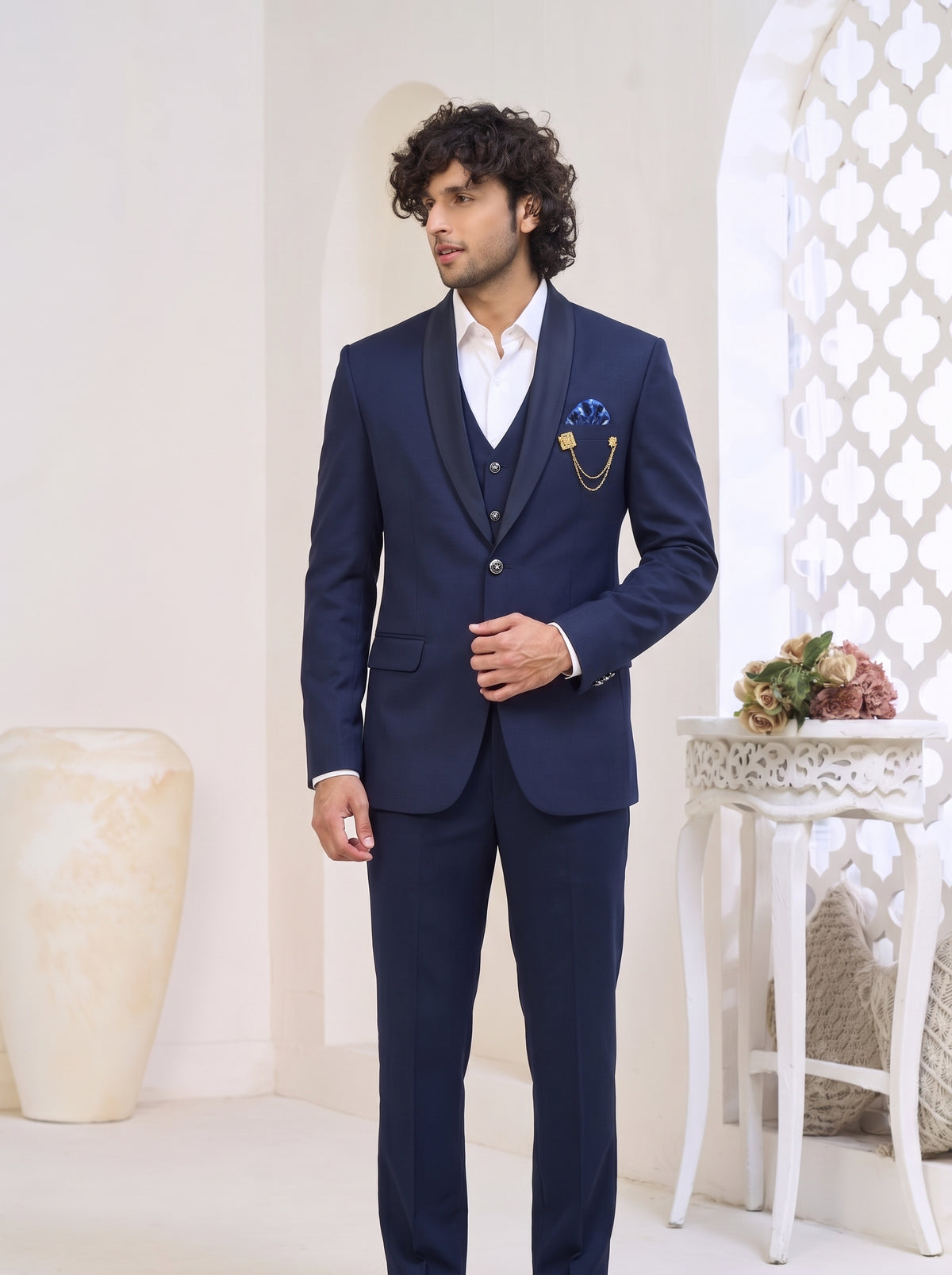 Club AK Men's Royal Navy Shawl Lapel Three-Piece Suit with Designer Blazer, Waistcoat & Trousers