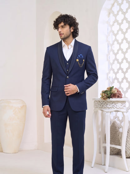 Club AK Men's Royal Navy Shawl Lapel Three-Piece Suit with Designer Blazer, Waistcoat & Trousers