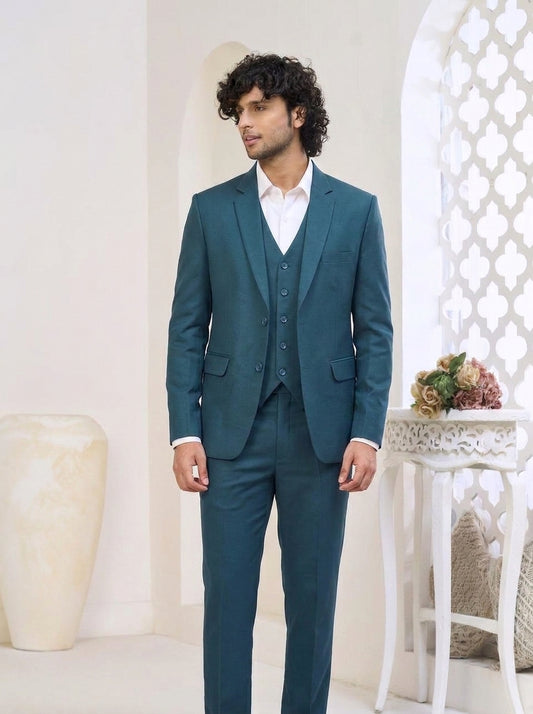 Club AK Men's Ocean Teal Three-Piece Suit with Tailored Blazer, Waistcoat & Trousers