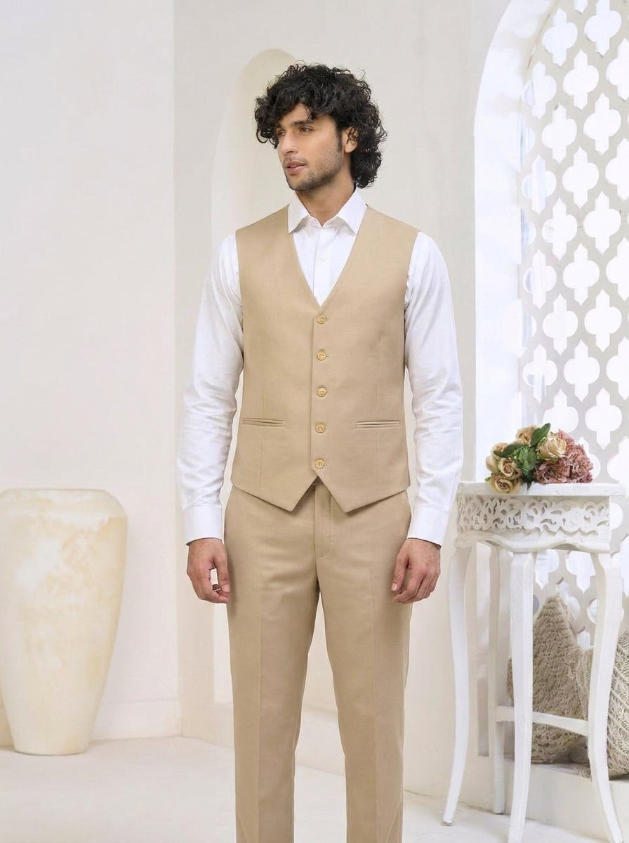 Club AK Men's Champagne Beige Luxury Three-Piece Suit with Tailored Blazer, Waistcoat & Trousers