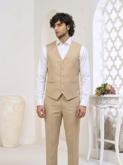 Club AK Men's Champagne Beige Luxury Three-Piece Suit with Tailored Blazer, Waistcoat & Trousers