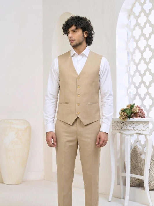 Club AK Men's Champagne Beige Luxury Three-Piece Suit with Tailored Blazer, Waistcoat & Trousers