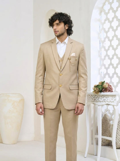 Club AK Men's Champagne Beige Luxury Three-Piece Suit with Tailored Blazer, Waistcoat & Trousers