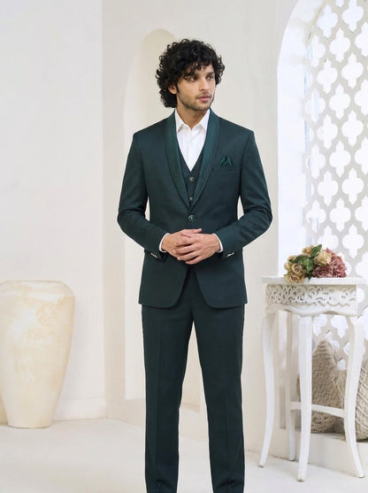 Club AK Men's Emerald Green Shawl Lapel Three-Piece Suit with Designer Blazer, Waistcoat & Trousers