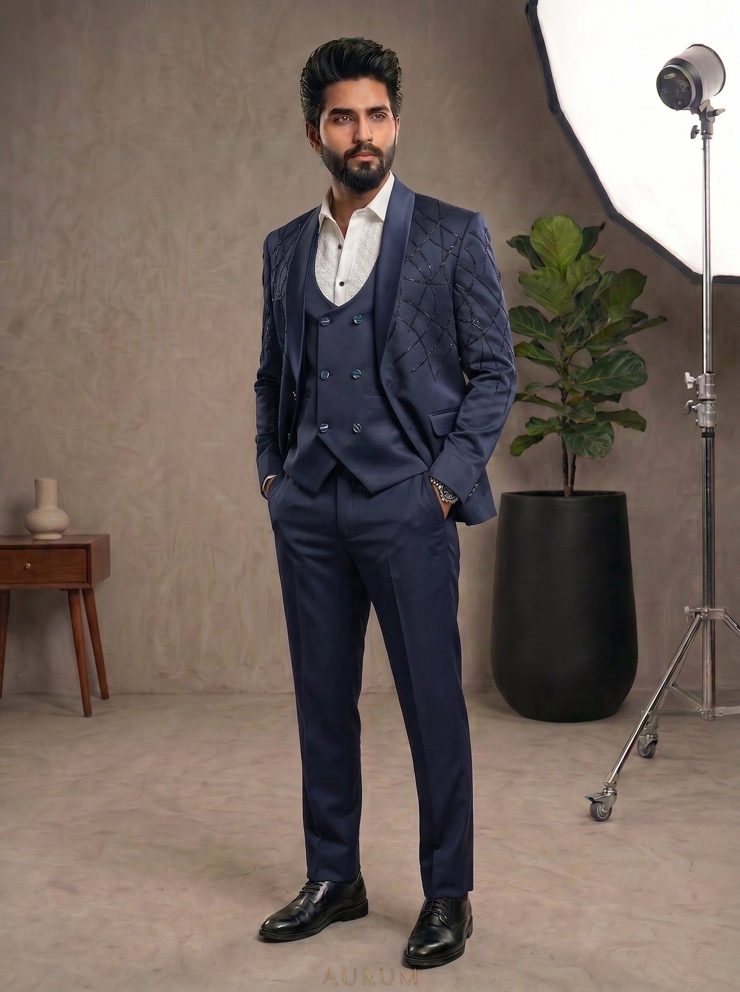 Club AK Men's Premium Navy Blue 3 Piece Suit | Wedding Wear