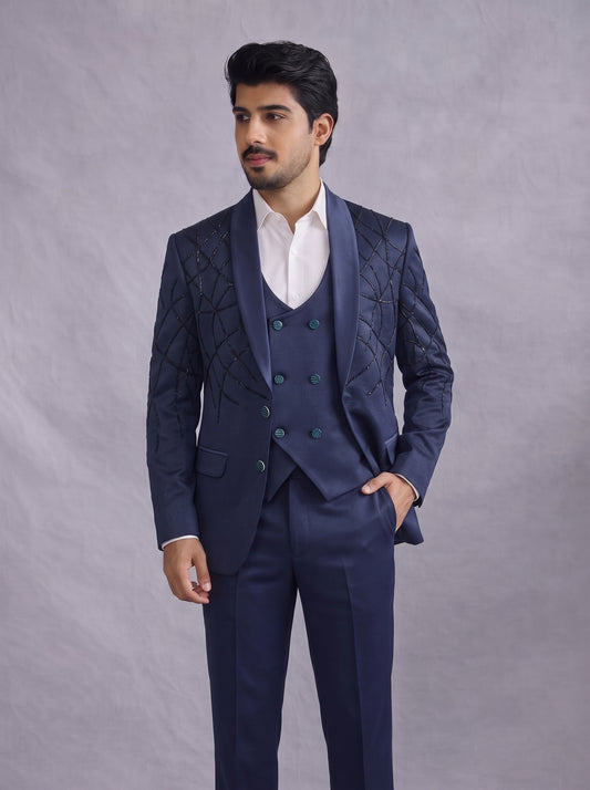 Club AK Men's Premium Navy Blue 3 Piece Suit | Wedding Wear