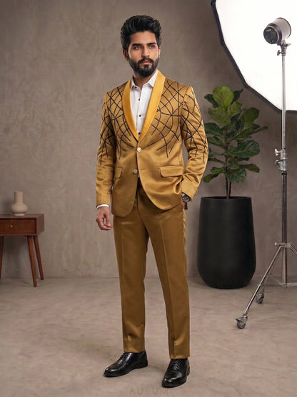 Club AK Men's Premium Gold Designer Tuxedo Suit | Luxury Wedding & Reception Wear