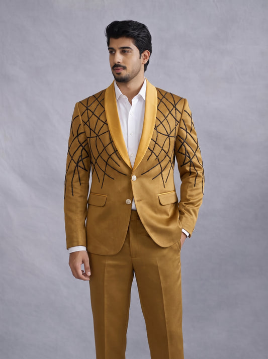 Club AK Men's Premium Gold Designer Tuxedo Suit | Luxury Wedding & Reception Wear