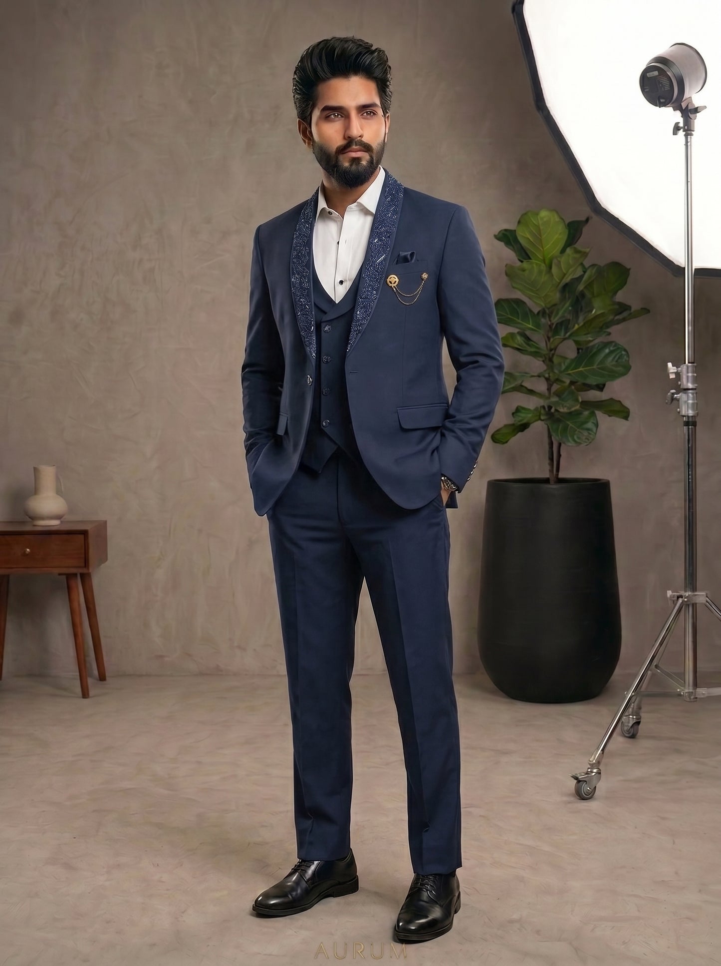 Club AK Navy Blue 3 Piece Tuxedo Suit for Men | Premium Wedding Wear