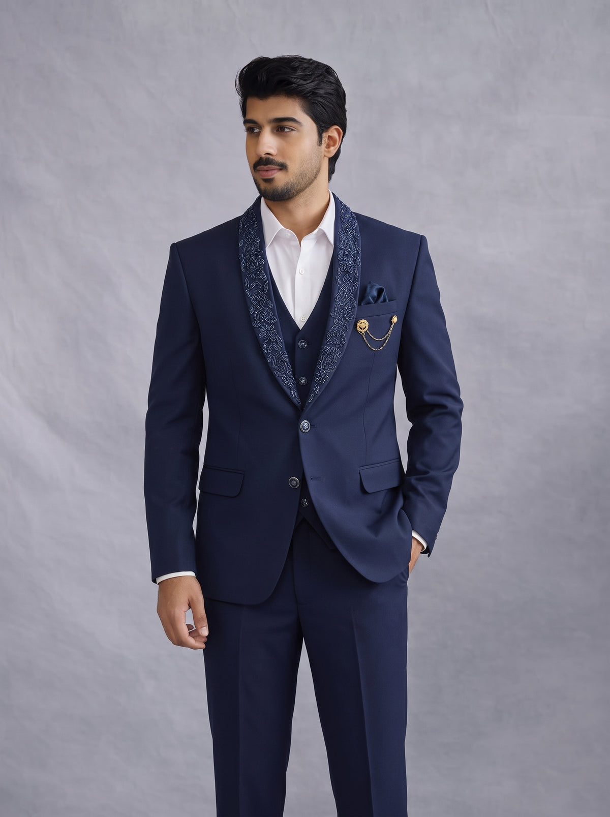 Club AK Men's Premium Navy Blue 3 Piece Designer Suit | Wedding, Reception & Party Wear