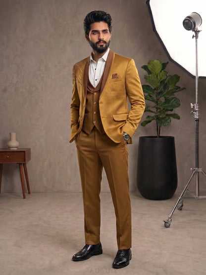 Club AK Men's Premium Mustard Gold 3 Piece Designer Suit | Luxury Wedding & Reception Wear