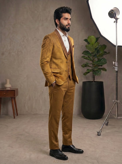 Club AK Men's Premium Mustard Gold 3 Piece Designer Suit | Luxury Wedding & Reception Wear