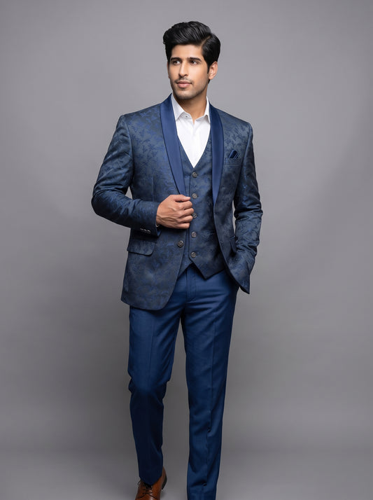 Club AK Men's Royal Blue Jacquard 3-Piece Tuxedo Suit with Satin Shawl Lapel | Premium Wedding & Party Wear