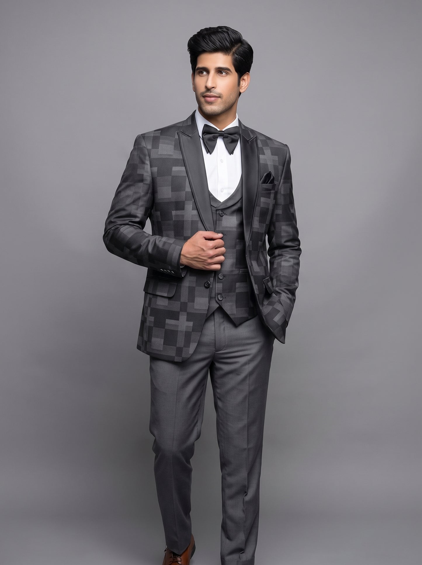 Club AK grey checkered tuxedo suit for men. Premium designer 3-piece wedding, reception,