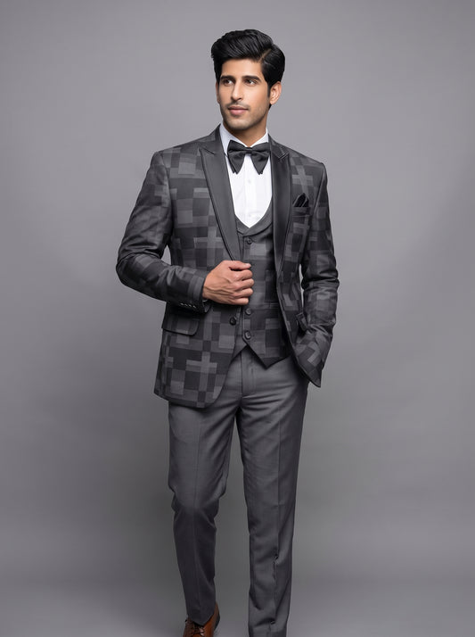 Club AK grey checkered tuxedo suit for men. Premium designer 3-piece wedding, reception,
