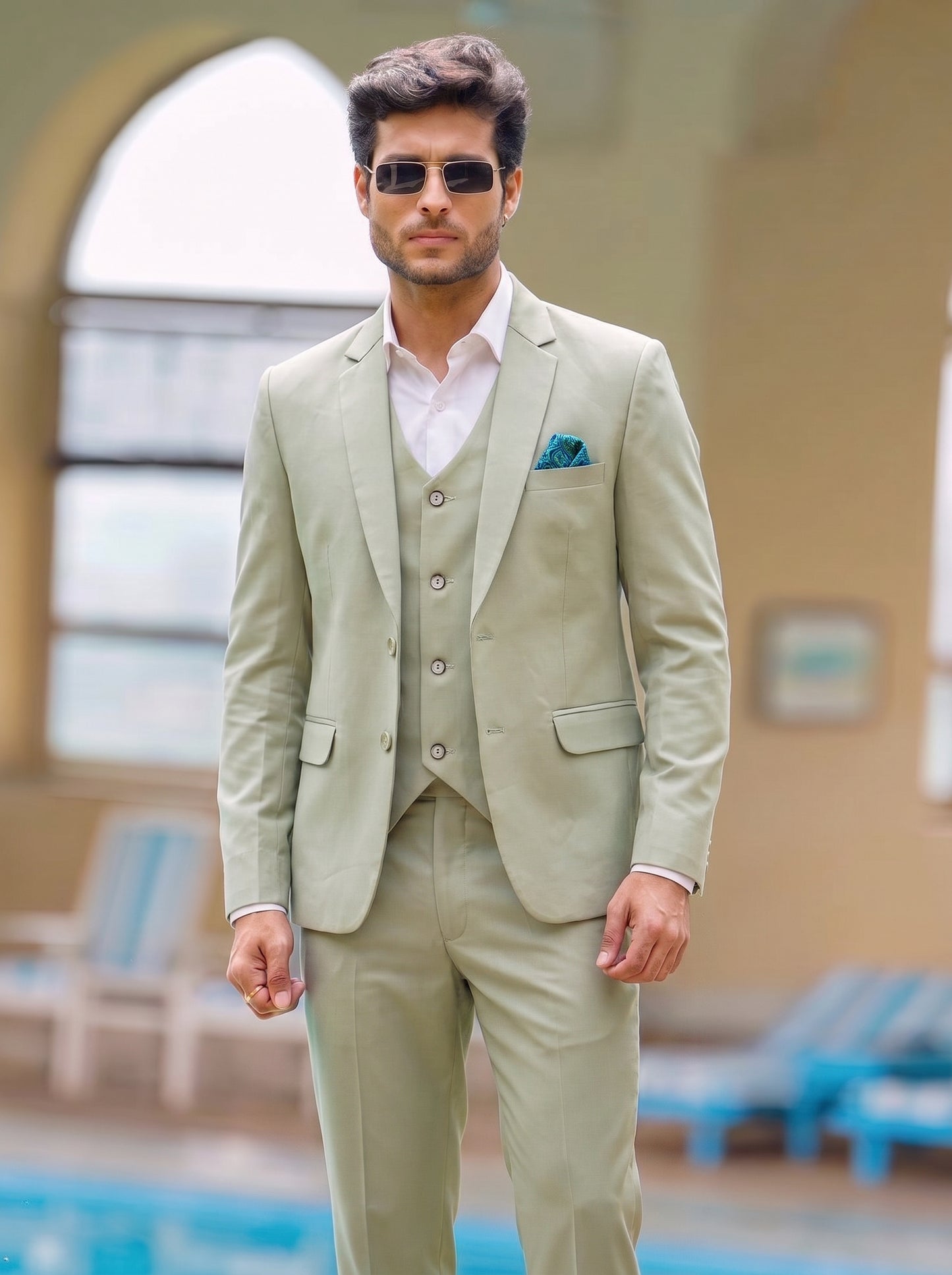 Club AK Men's Elegant Sage Green Three Piece Suit for Men with Blazer, Waistcoat and Formal Pants | Premium Wedding Wear