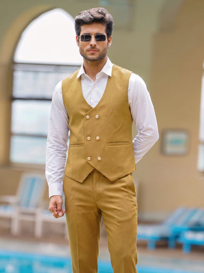 Club AK Men's Premium Mustard Wedding Suit for Men with Double Breasted Waistcoat and Formal Pants | Party Wear Blazer Set