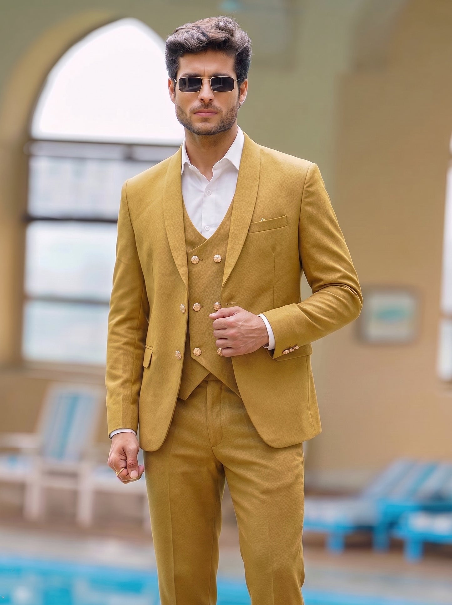 Club AK Men's Premium Mustard Wedding Suit for Men with Double Breasted Waistcoat and Formal Pants | Party Wear Blazer Set