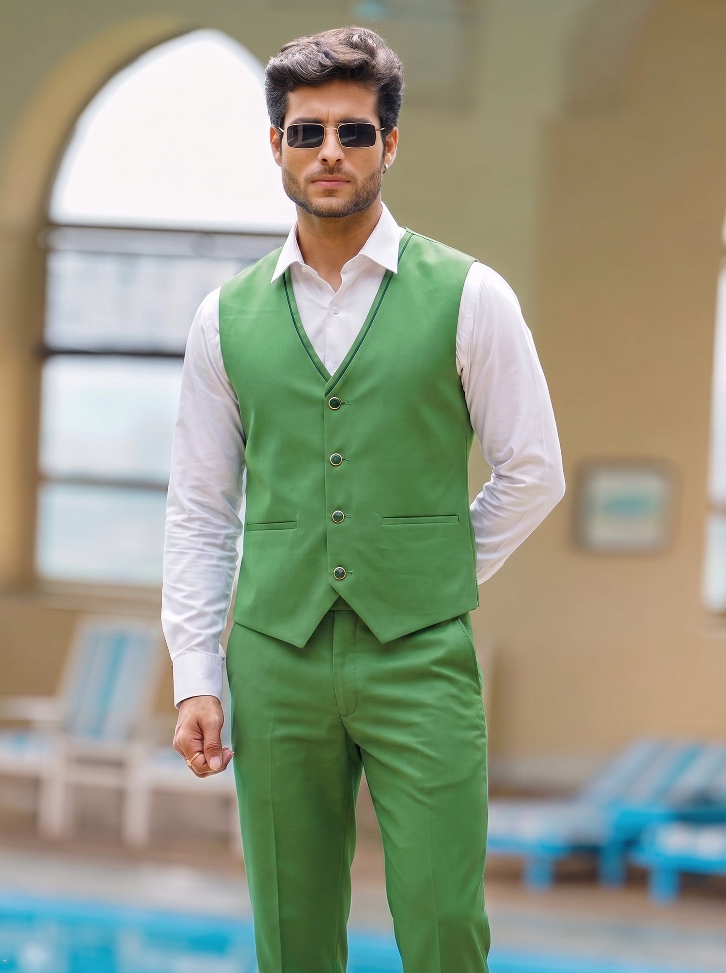 Club AK Men's Premium Parrot Green 3 Piece Tuxedo Suit Set with Waistcoat and Trouser | Stylish Wedding, Reception & Party Wear Suit for Men