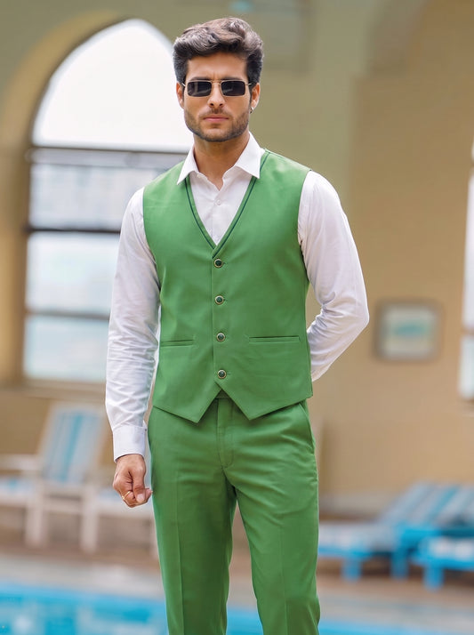 Club AK Men's Premium Parrot Green 3 Piece Tuxedo Suit Set with Waistcoat and Trouser | Stylish Wedding, Reception & Party Wear Suit for Men
