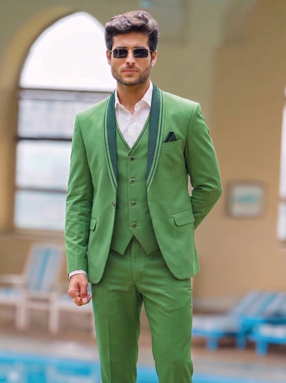 Club AK Men's Premium Parrot Green 3 Piece Tuxedo Suit Set with Waistcoat and Trouser | Stylish Wedding, Reception & Party Wear Suit for Men