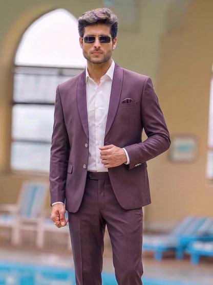 Club AK Men's Elegant Wine Tuxedo Suit for Men with Satin Shawl Collar and Trouser | Premium Wedding Wear