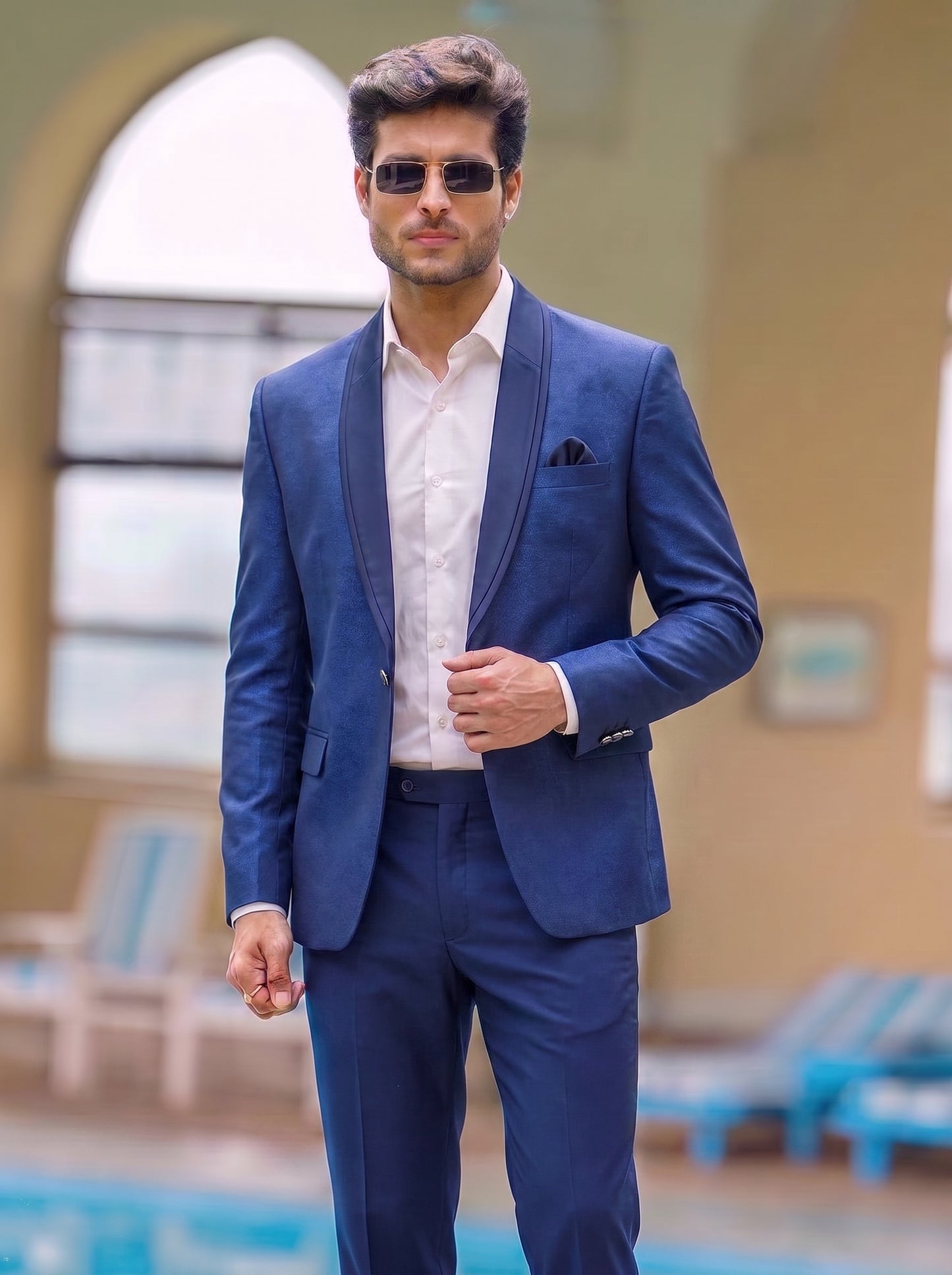 Club AK Men's Designer Blue Blazer Suit Set with Satin Lapel | Luxury Party Wear Suit for Men