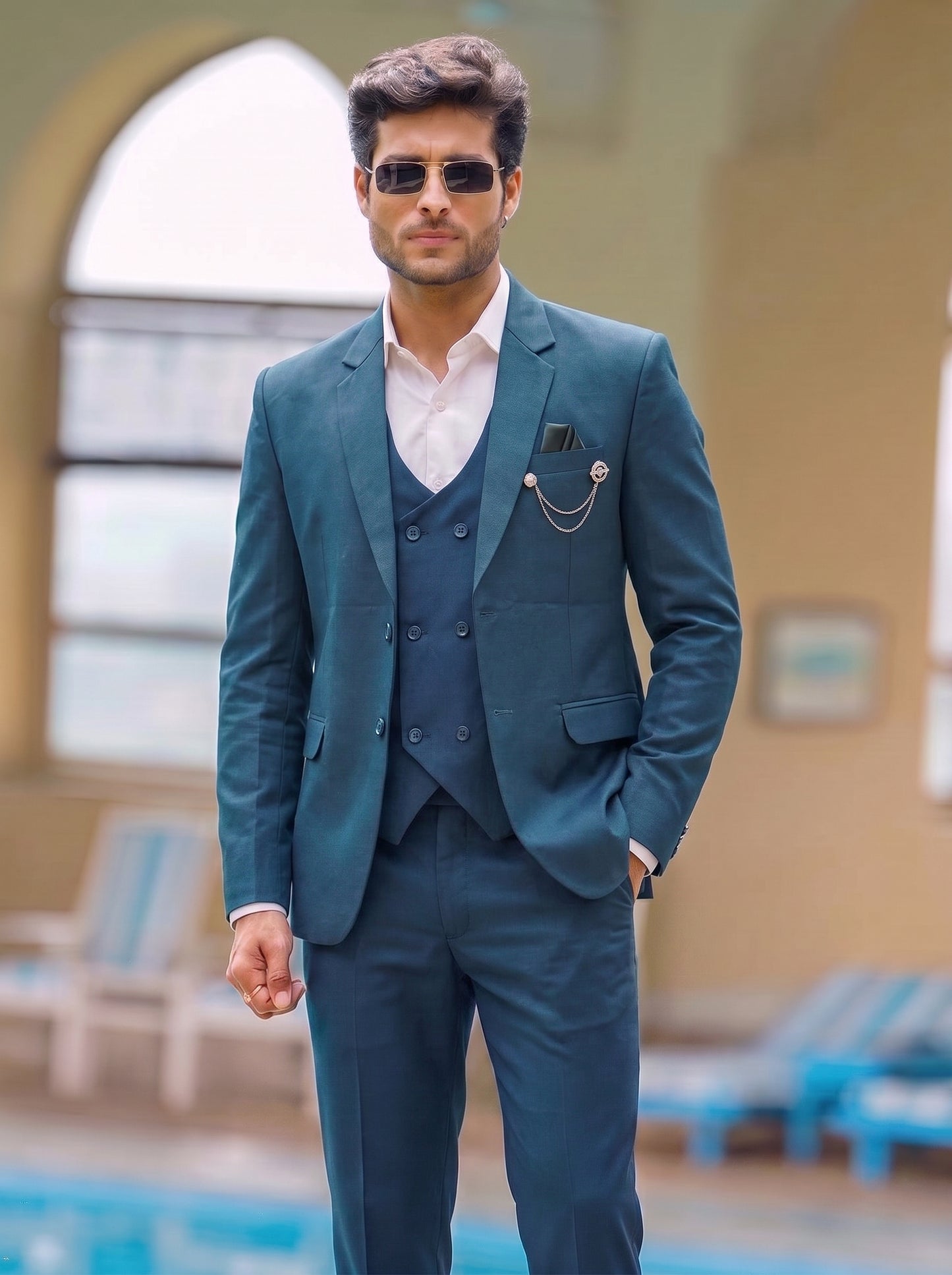 Club AK Teal Blue Formal Suit for Men | Slim Fit 3 Piece Blazer Set