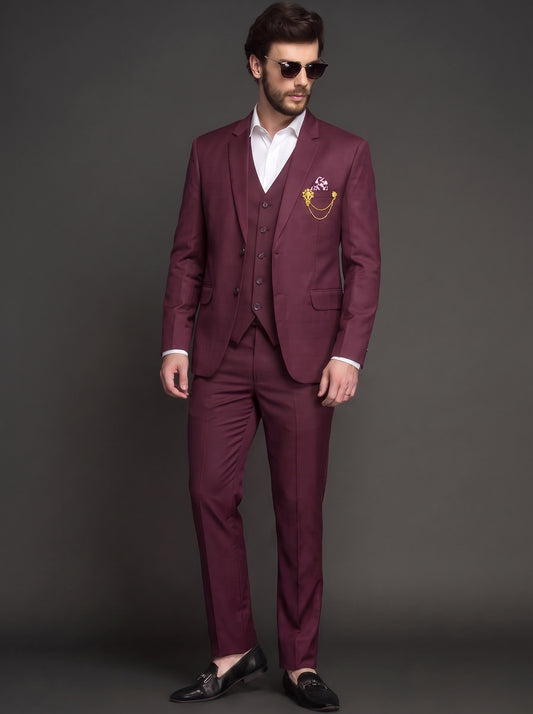 Club AK Maroon 3 Piece Suit for Men | Slim Fit Formal Blazer Set