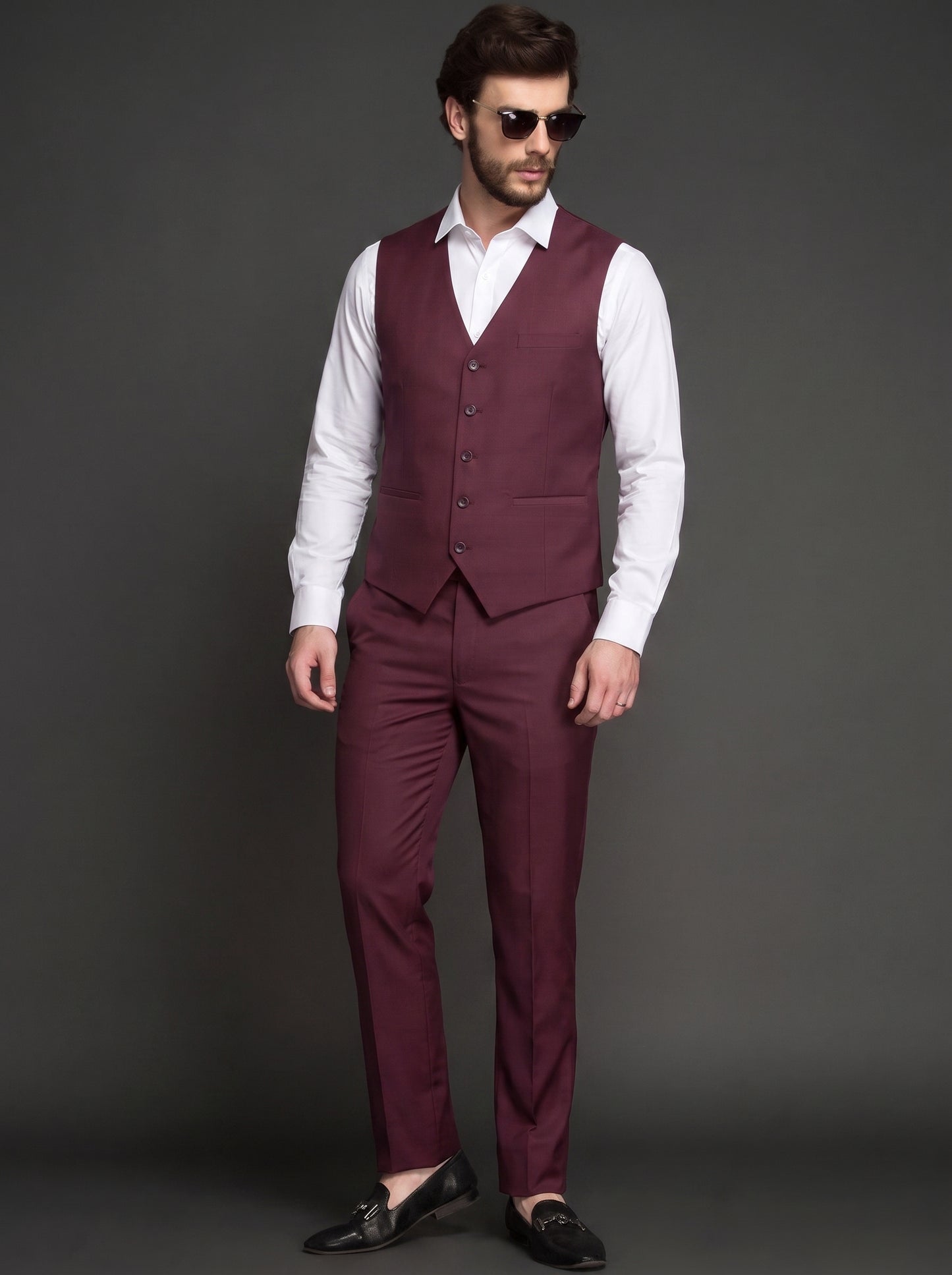 Club AK Maroon 3 Piece Suit for Men | Slim Fit Formal Blazer Set