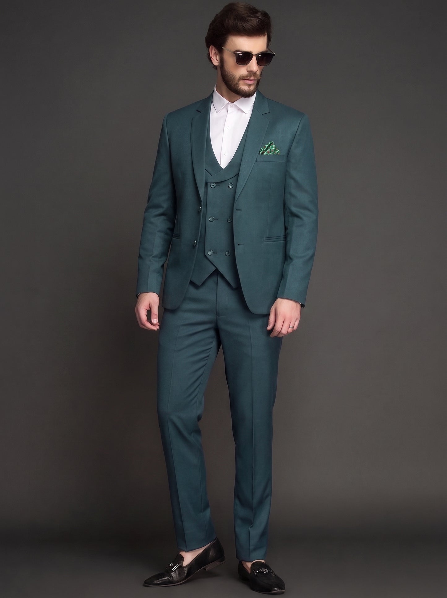Club AK Men's Elegant Teal Green Three Piece Suit for Men with Blazer, Waistcoat and Formal Pants | Premium Wedding Wear