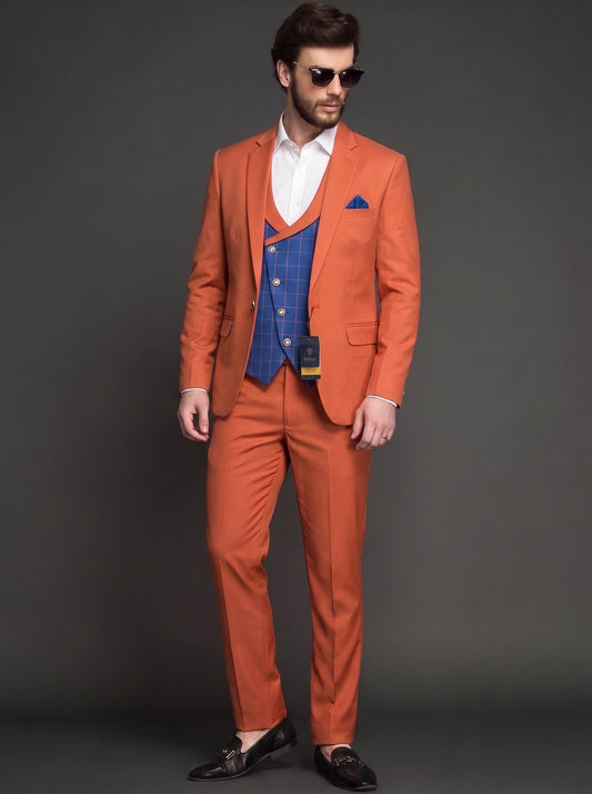 Club AK Premium Orange 3 Piece Suit for Men | Wedding & Party Wear