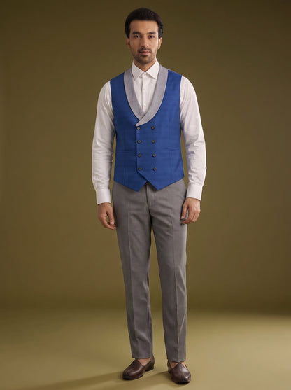 Club AK Men's Elegant Light Grey Three Piece Suit for Men with Blue Waistcoat and Trouser | Premium Wedding Wear