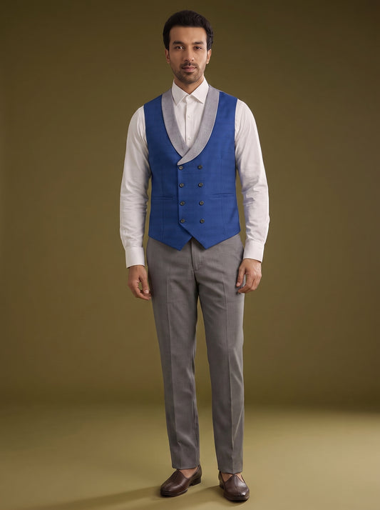 Club AK Men's Elegant Light Grey Three Piece Suit for Men with Blue Waistcoat and Trouser | Premium Wedding Wear
