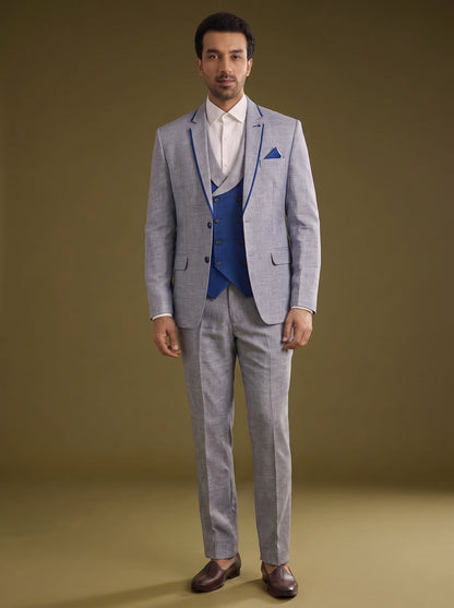 Club AK Men's Elegant Light Grey Three Piece Suit for Men with Blue Waistcoat and Trouser | Premium Wedding Wear