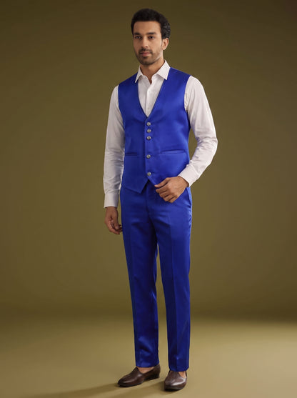 Club AK Men's Stylish Royal Blue Three Piece Suit for Men with Satin Lapel Blazer, Waistcoat and Formal Pants | Premium Wedding & Party Wear