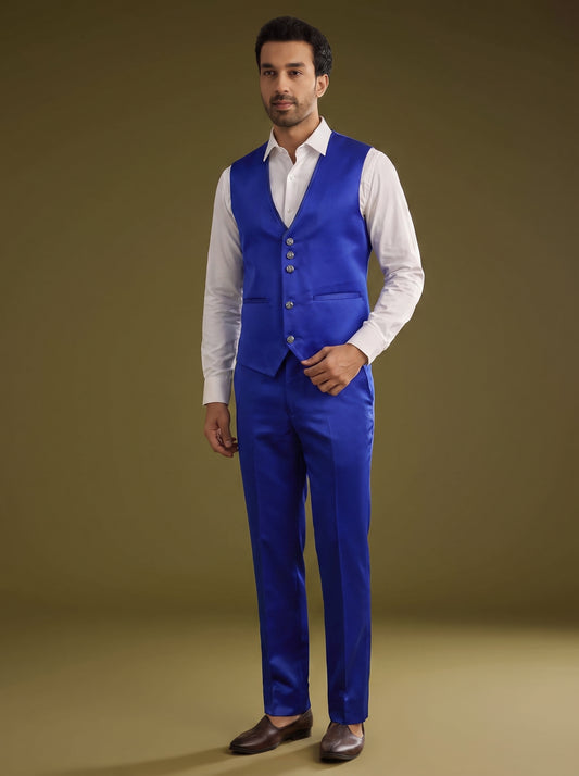 Club AK Men's Stylish Royal Blue Three Piece Suit for Men with Satin Lapel Blazer, Waistcoat and Formal Pants | Premium Wedding & Party Wear